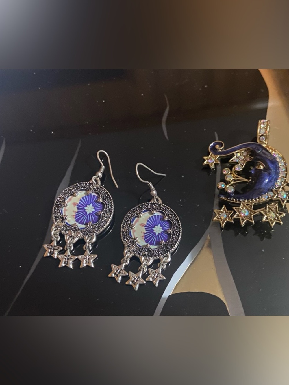 Royal Blue Moon Pendant/ Brooch with AB Stones and Dangle Moon Earrings